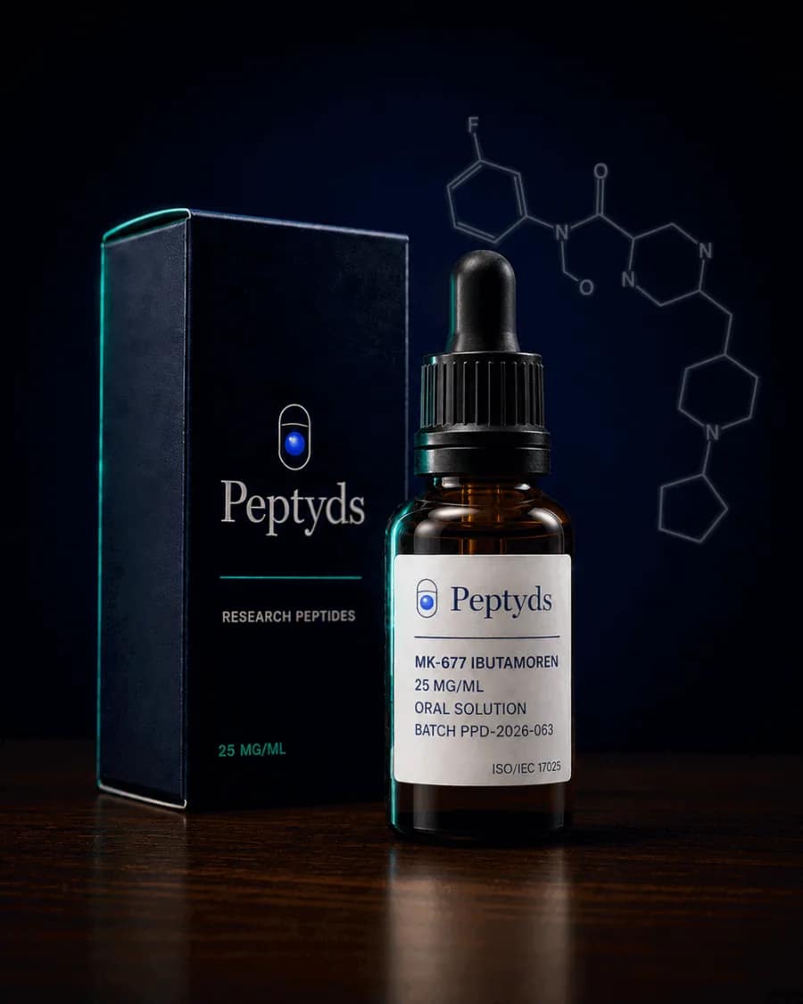 5 mg lyophilised vial of MK-677, ISO/IEC 17025 lab-verified, Peptyds packaging