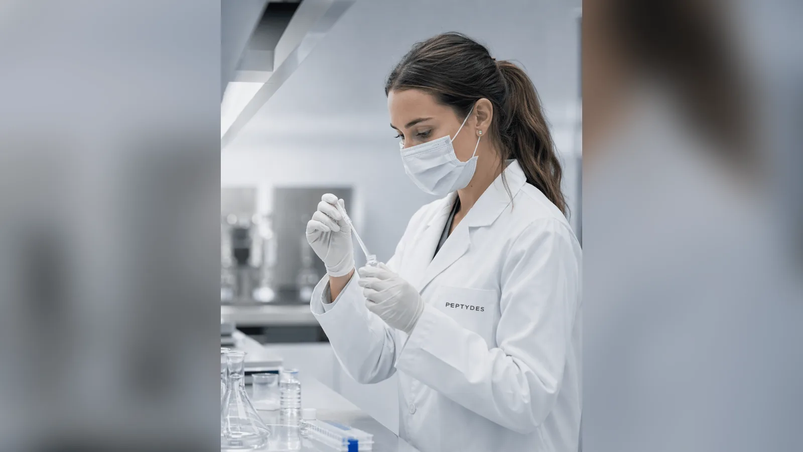 Un científico con bata, mascarilla y guantes pipetea una muestra en un laboratorio.