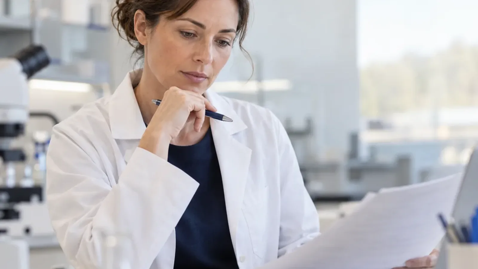 A scientist in a white lab coat reads through printed study documents in a laboratory.