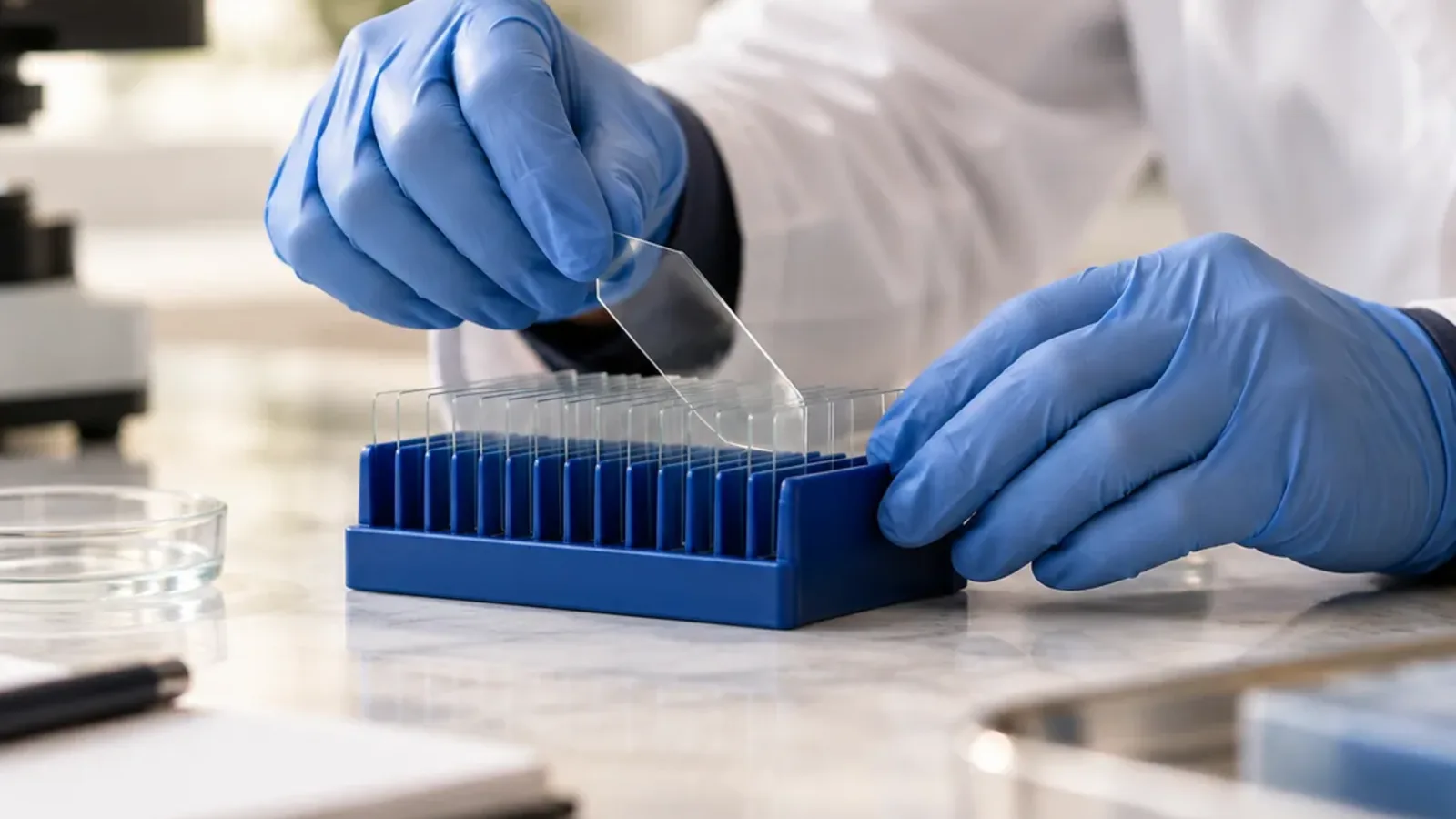 Dłonie w rękawiczkach umieszczają próbkę w niebieskim stojaku na blacie laboratoryjnym.