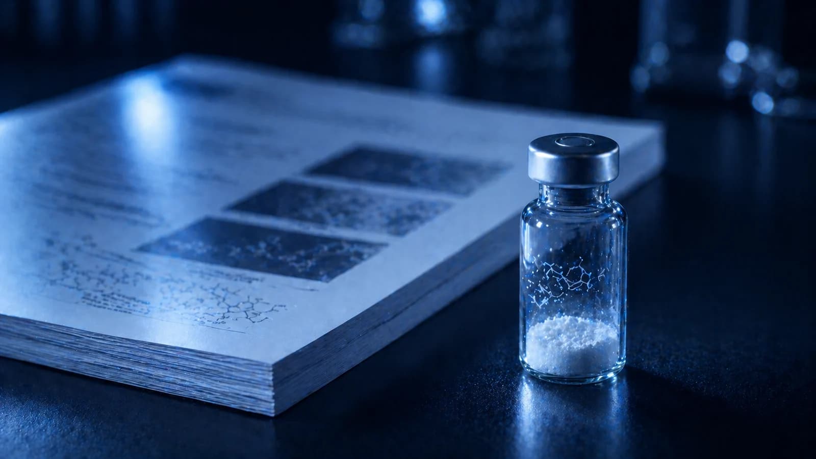 Glazen peptideflacon naast een geanonimiseerd onderzoeksdocument op een donkere laboratoriumtafel.