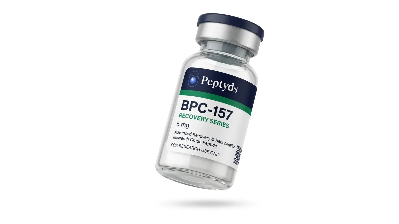 A Peptyds BPC-157 research vial photographed on a white background.