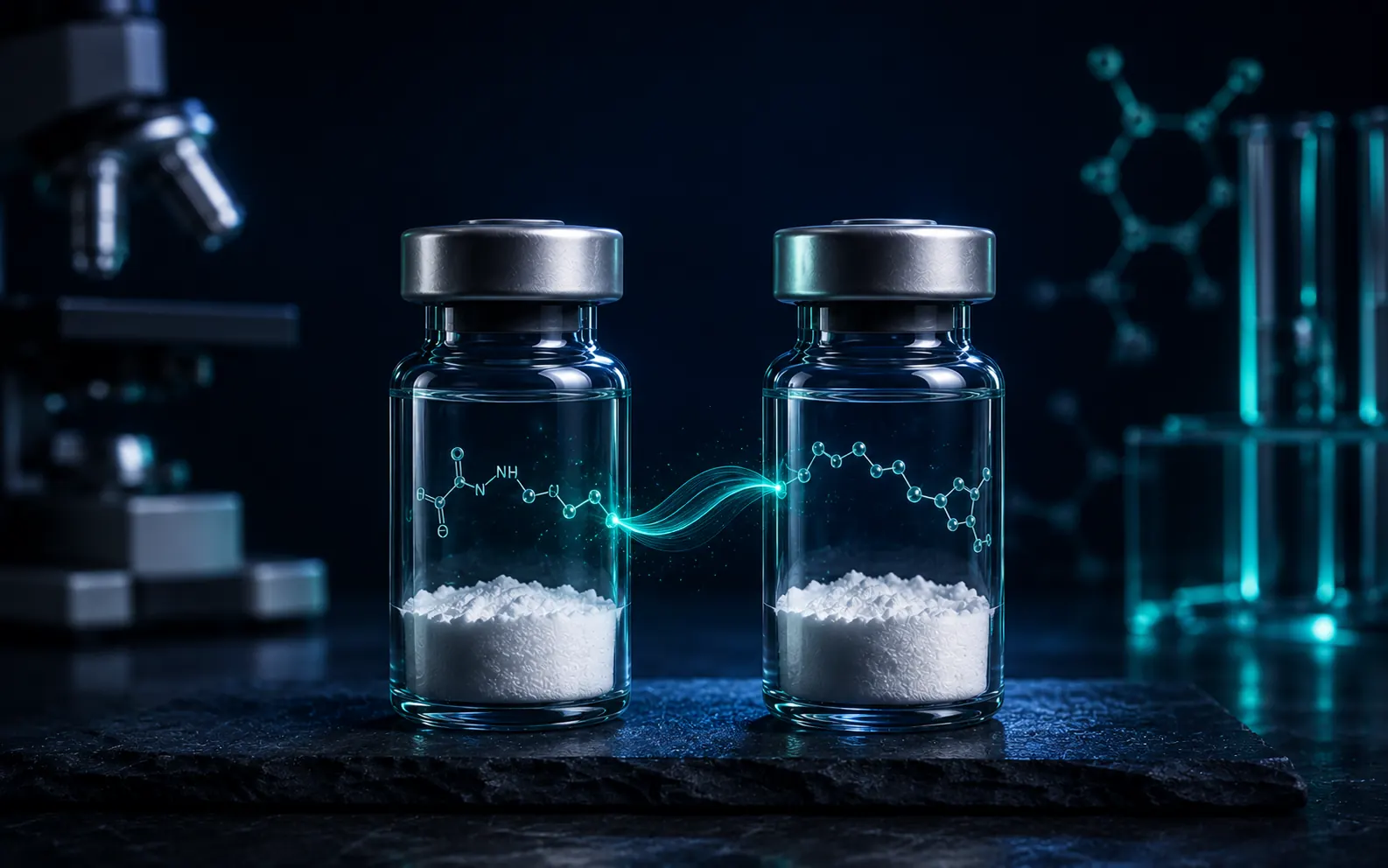 Two unlabeled peptide vials side by side on a navy lab surface, suggesting a calm research comparison between BPC-157 and TB-500.