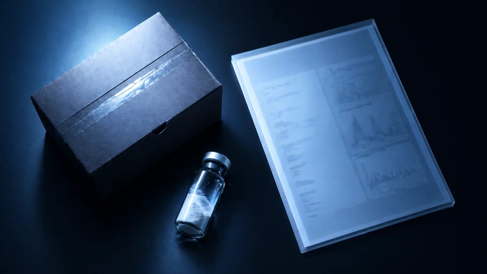 Parcel, peptide vial, and anonymized lab document on a navy background suggesting EU fulfilment.