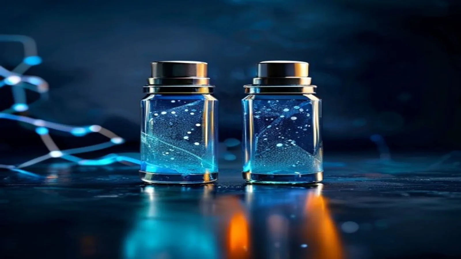 Two small lidded glass jars of glowing blue liquid on a dark reflective surface, beside a network of glowing connected nodes.
