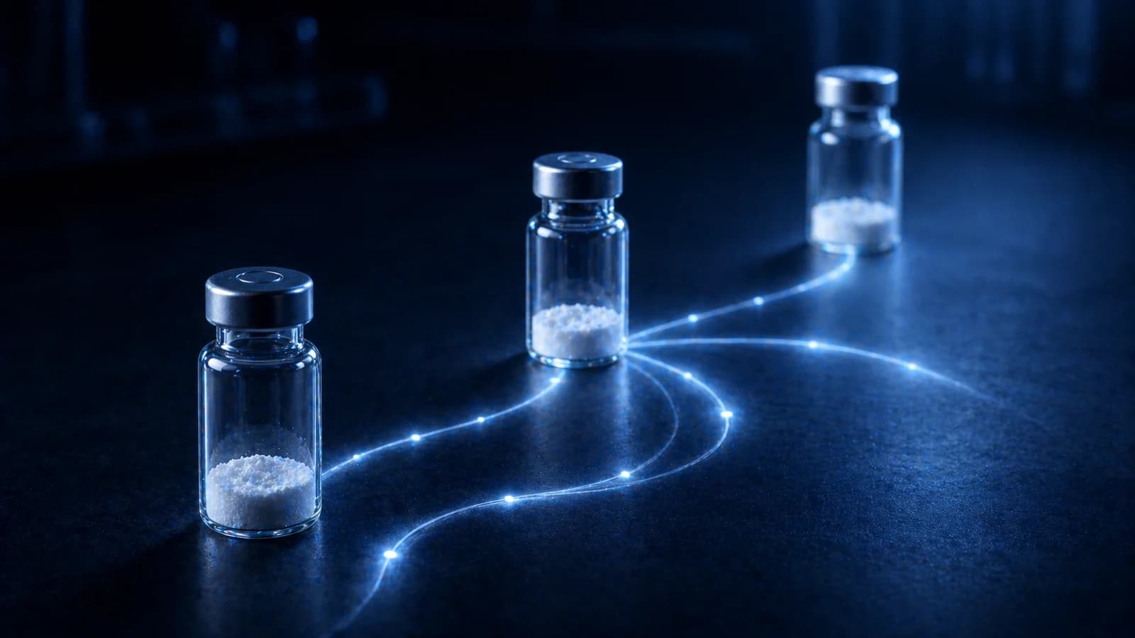 Drie ongelabelde peptideflacons op een donkerblauwe tafel, als beeld voor kiezen per doel.