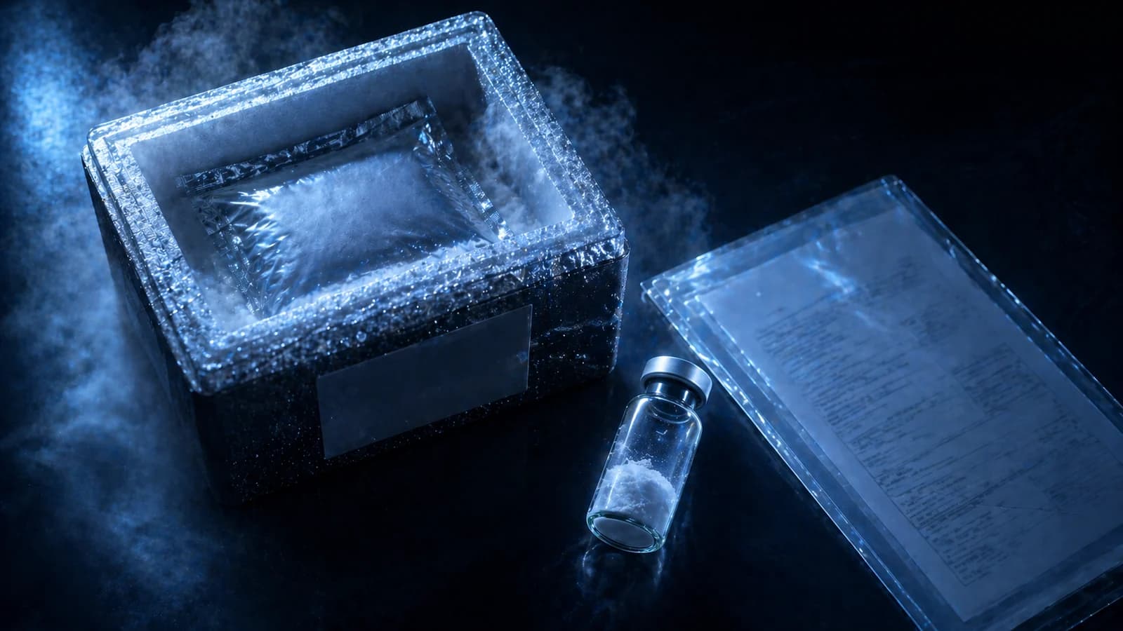 Geïsoleerd pakket en peptideflacon op een donkerblauwe ondergrond, als beeld voor cold-chain verzending.