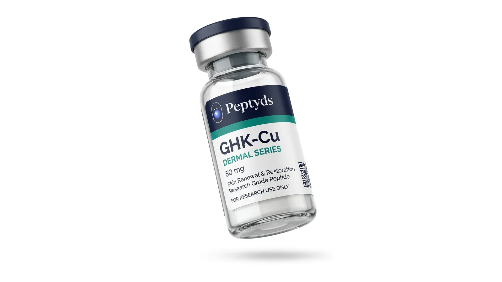 Un vial de investigación de GHK-Cu de Peptyds fotografiado sobre fondo blanco.