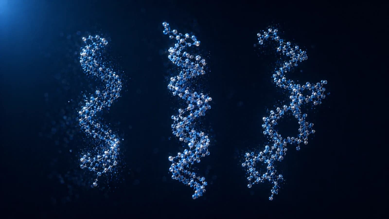 Drie abstracte peptideachtige moleculaire vormen op een donkerblauwe achtergrond, als beeld voor GLP-1 peptideonderzoek.