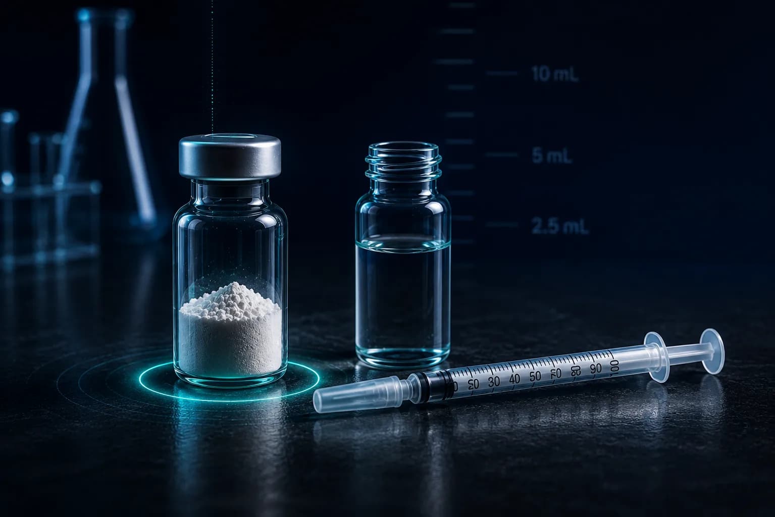An editorial overhead view of a lyophilised peptide vial, a sealed bacteriostatic water bottle, and an insulin syringe arranged on a navy laboratory surface — illustrating a clean reconstitution protocol.