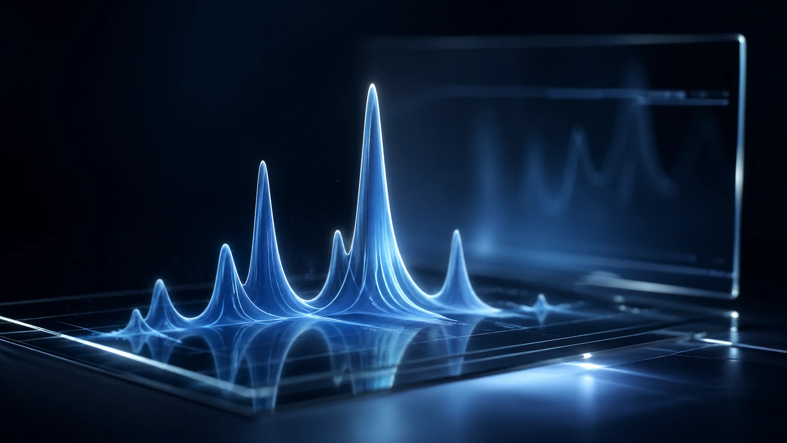 Abstracte visualisatie van een HPLC-chromatogrampiek in donkerblauw en ijsblauw.