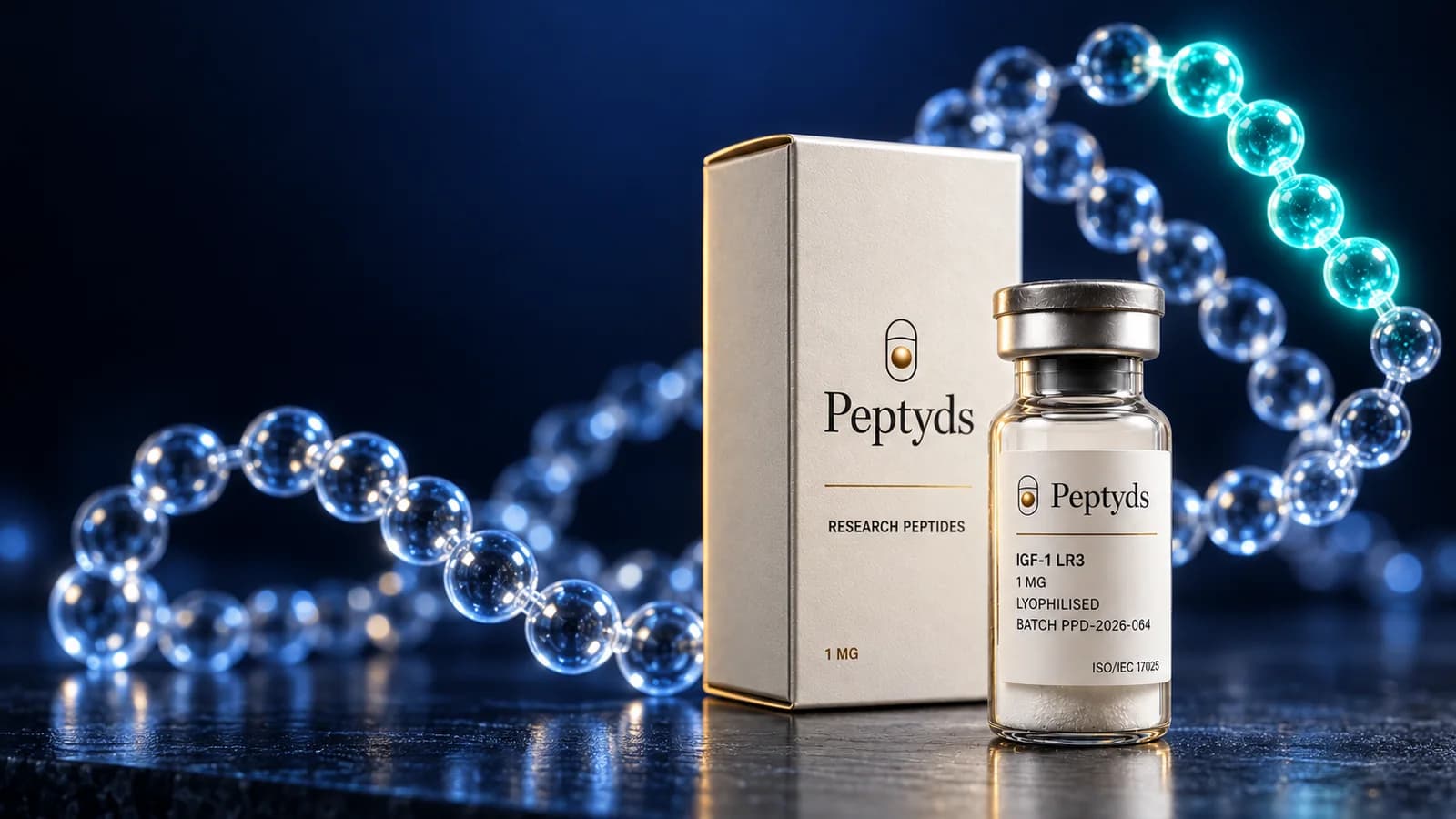 A sealed Peptyds IGF-1 LR3 research vial and its white carton on dark stone, beneath a looping chain of glass beads lit in blue and teal.