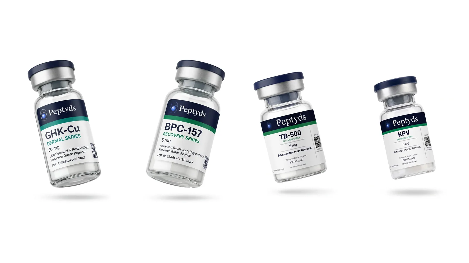Peptyds GHK-Cu, BPC-157, TB-500 and KPV research vials in a row: the four peptides named in the KLOW blend.