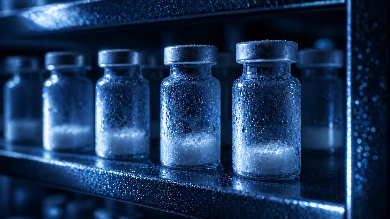 Bevroren peptideflacons op een donkere laboratoriumplank, als beeld voor opslag en stabiliteit.