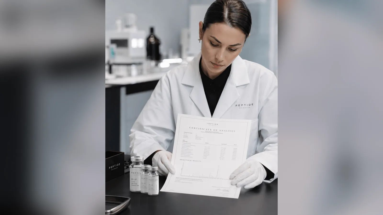 A scientist in a lab coat and gloves checks a printed analysis sheet beside research vials.