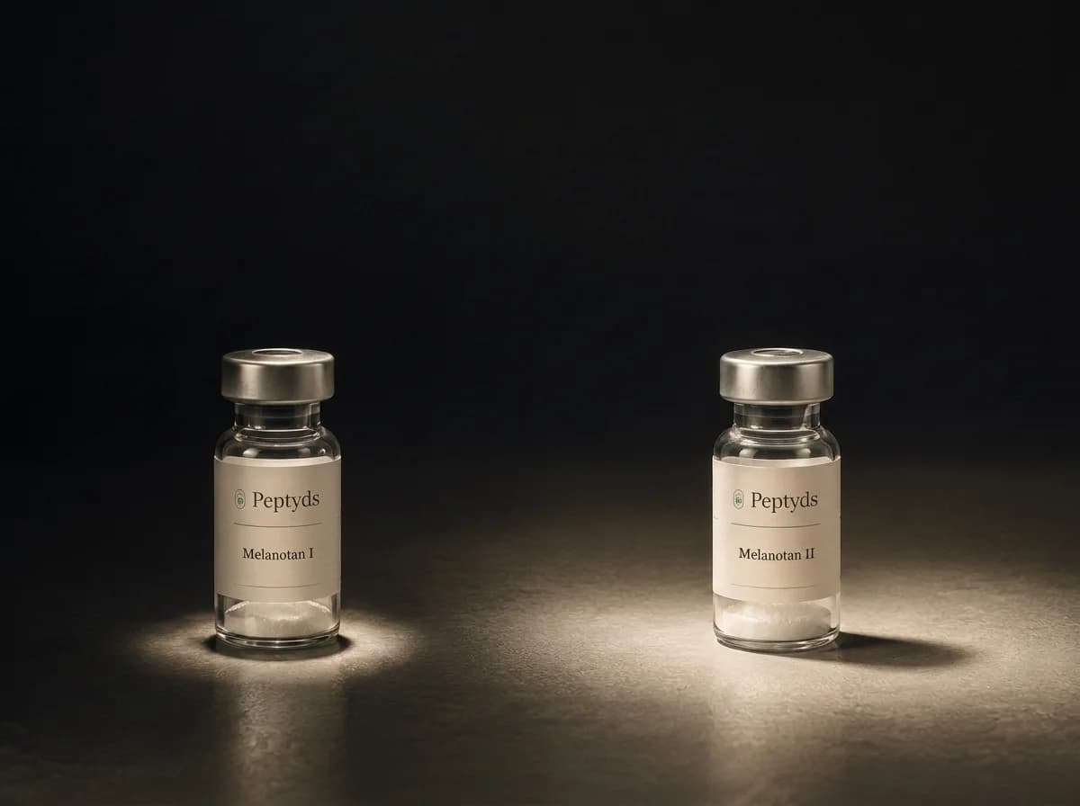 Two Peptyds research vials labelled Melanotan I and Melanotan II standing apart on a dark stone surface, each in its own pool of warm light