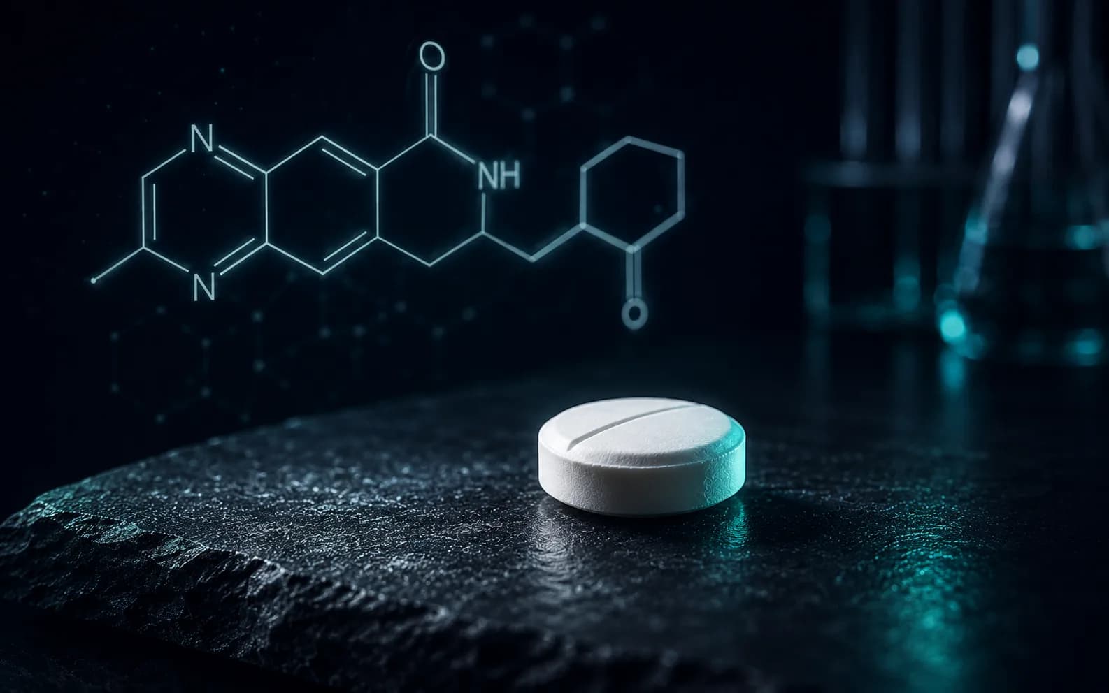 Abstract editorial illustration of the MK-677 spiroindoline small-molecule structure on a deep navy lab surface, signalling non-peptide chemistry.
