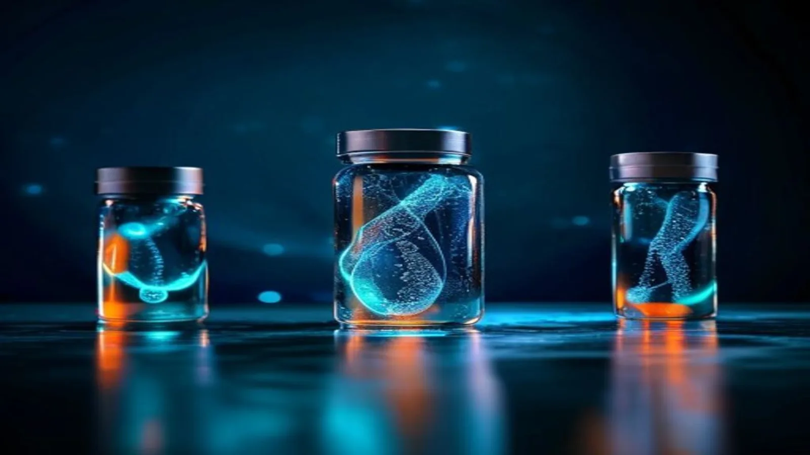 Tres frascos de vidrio sobre una superficie oscura reflectante, cada uno con una hélice luminosa en tonos azules y ámbar.