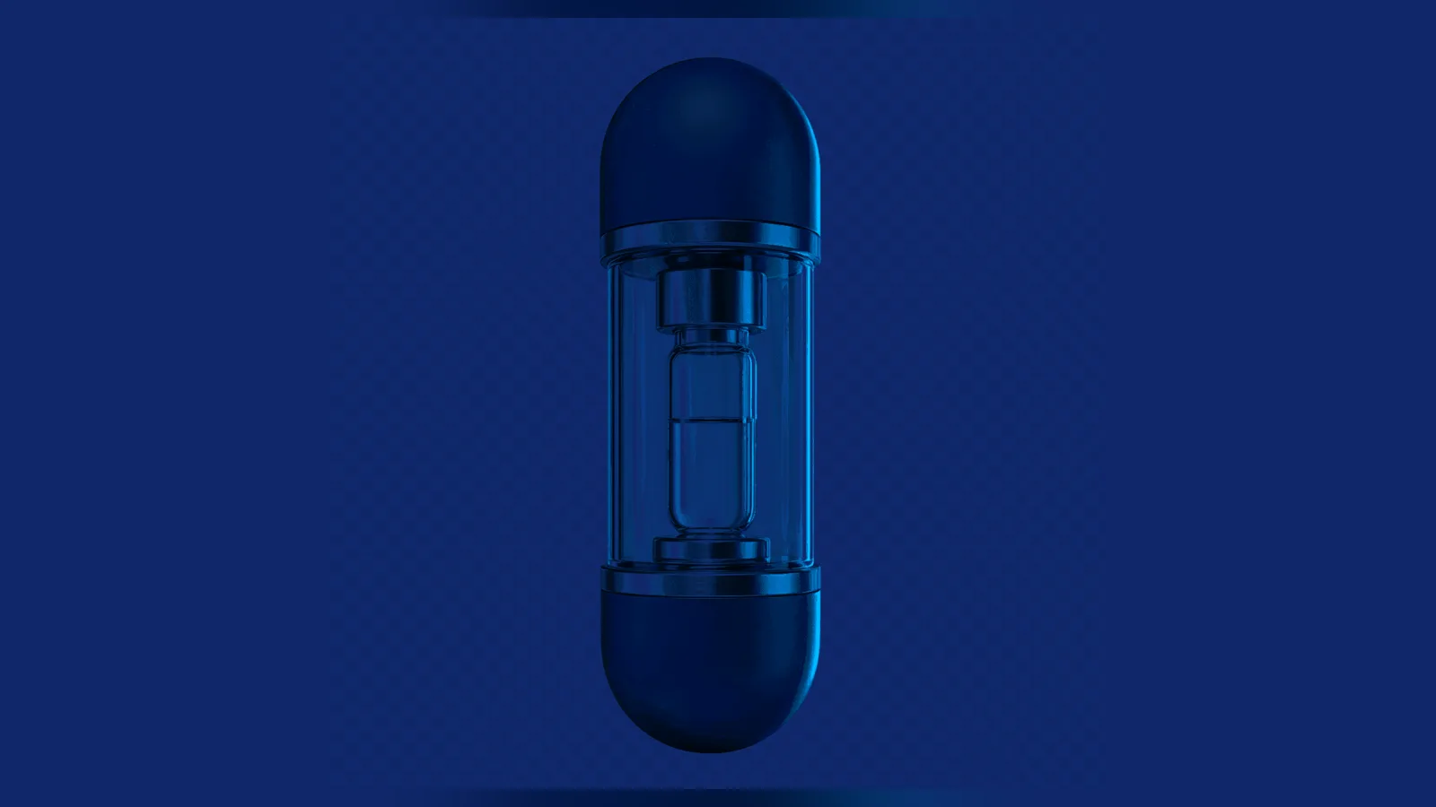 Cápsula azul oscura con un vial de vidrio en su interior, sobre fondo azul intenso.