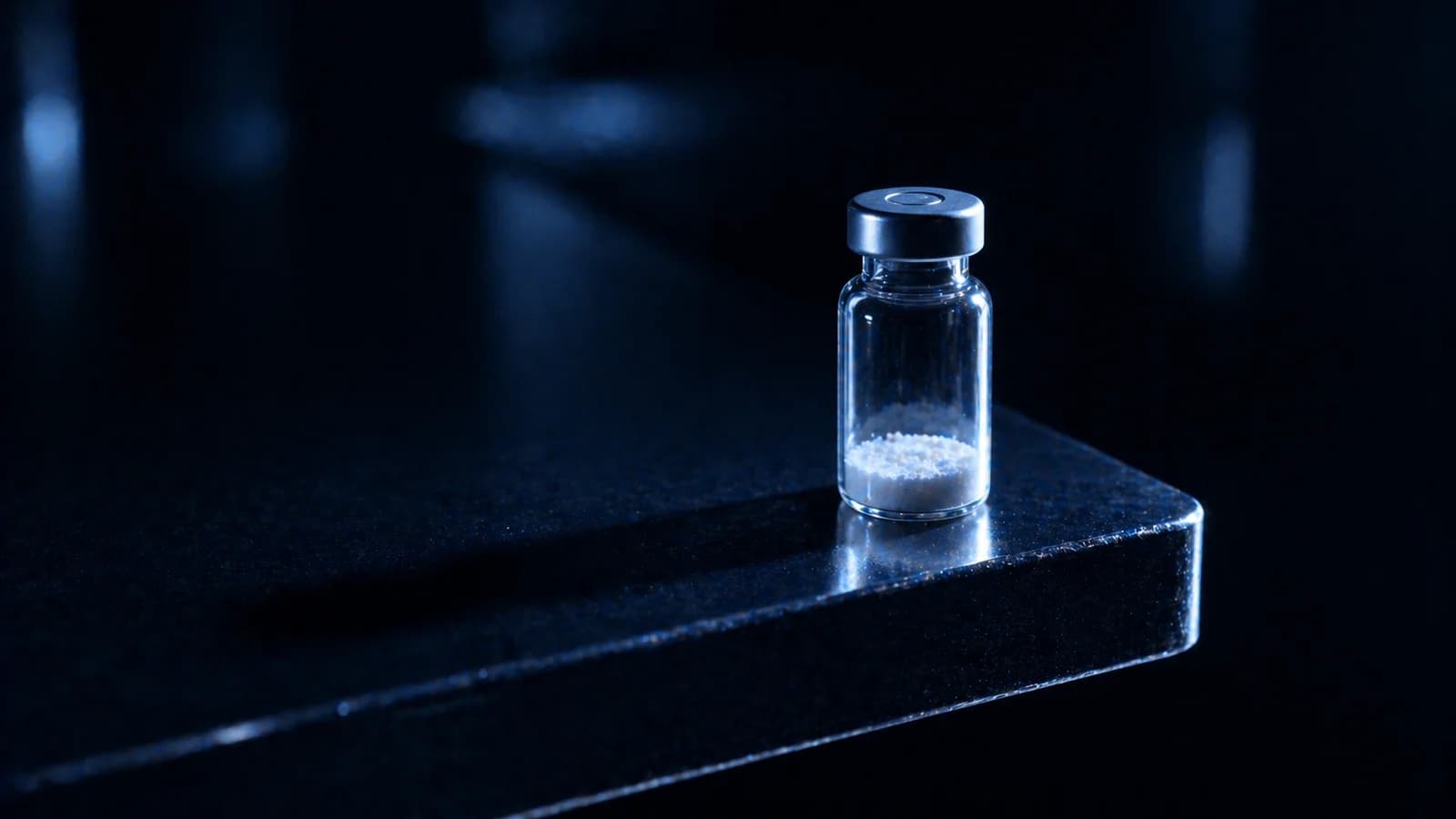 Enkele peptideflacon in zacht licht op een donkere reflecterende ondergrond, als beeld voor opslagfouten.