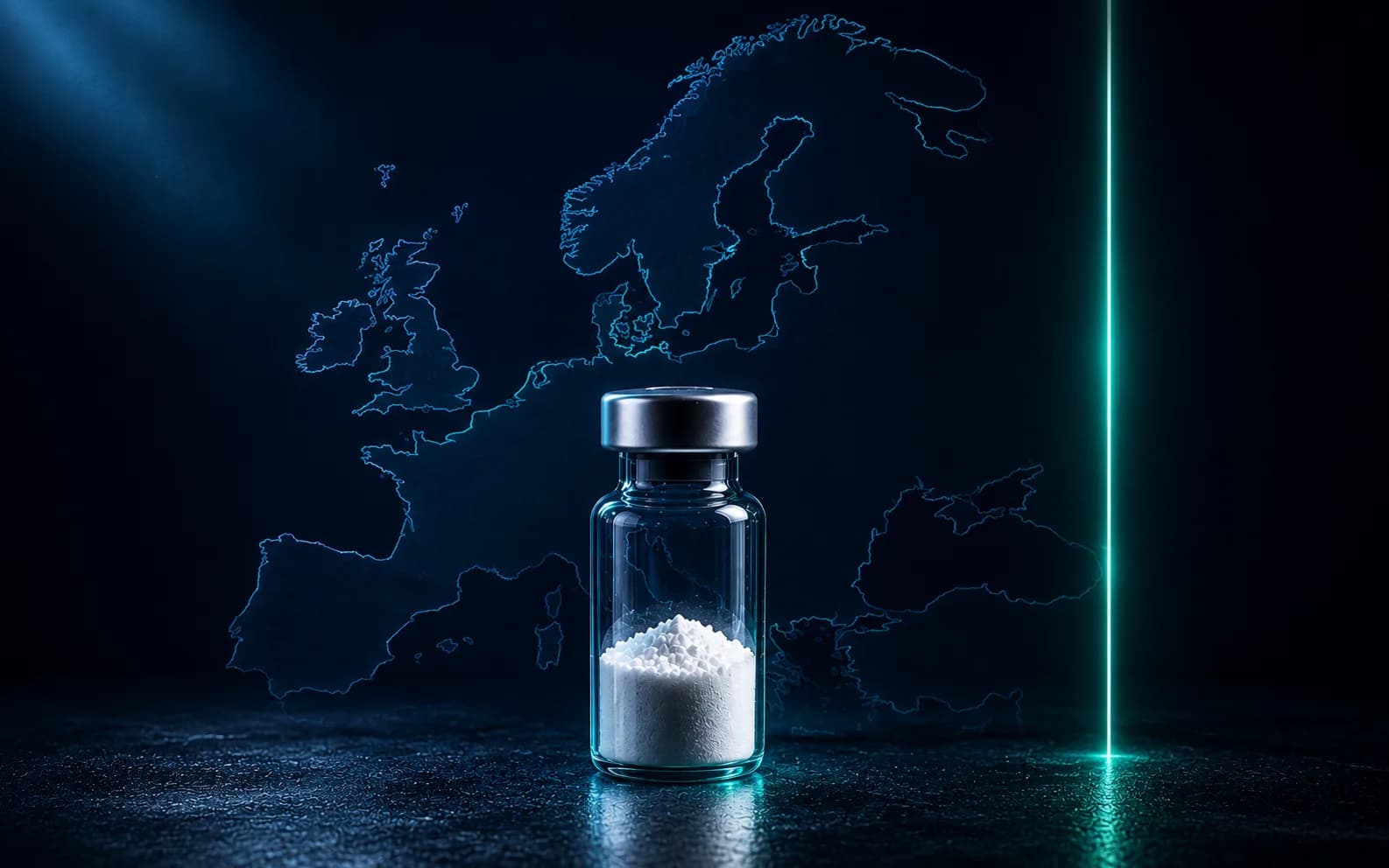 Een editorial stilleven van een peptideflacon naast een Europees regelgevend document en een geanonimiseerd douanelabel, ter illustratie van de Europese juridische context voor onderzoekspeptiden in 2026.