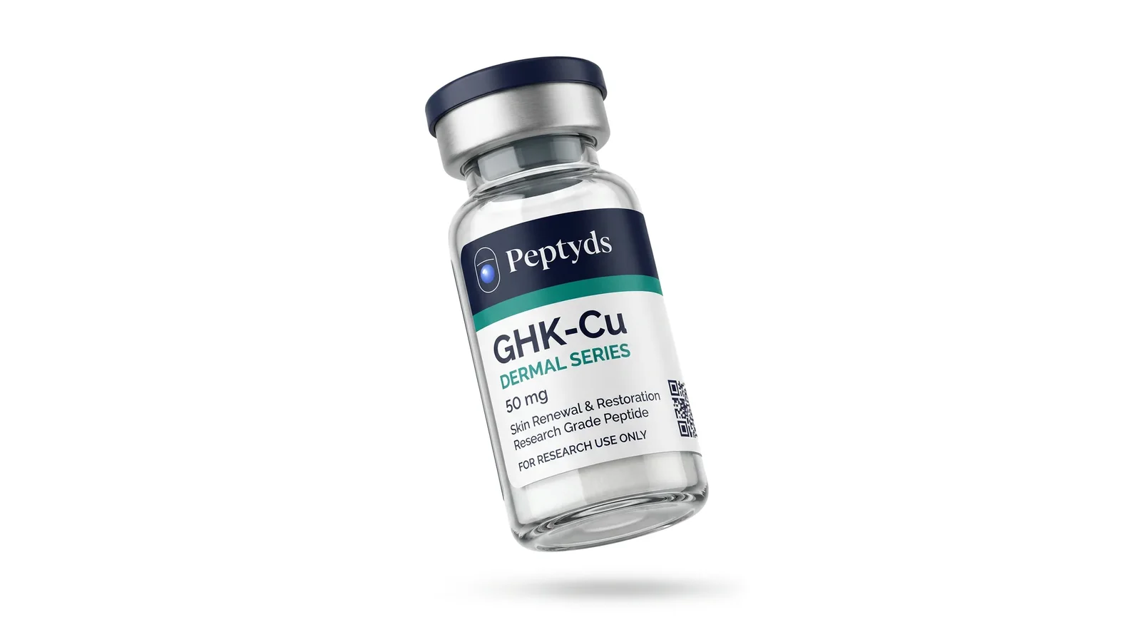 A sealed Peptyds GHK-Cu research vial, tilted in mid-air against a clean white background.