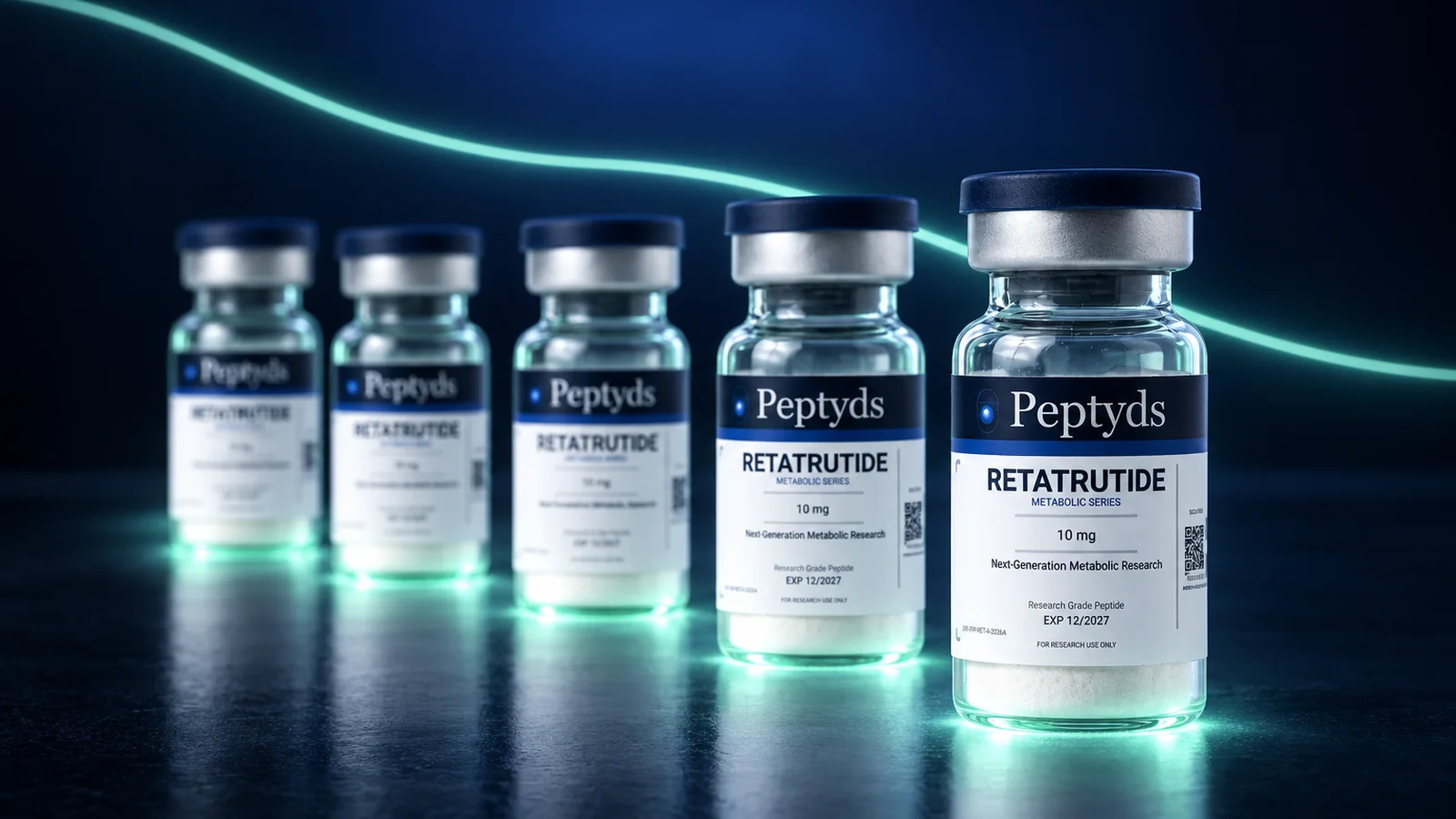 Eine Reihe aus fünf versiegelten Retatrutide-Forschungs-Vials von Peptyds, von links nach rechts größer werdend, unter einer geschwungenen Linie aus mintgrünem Licht.