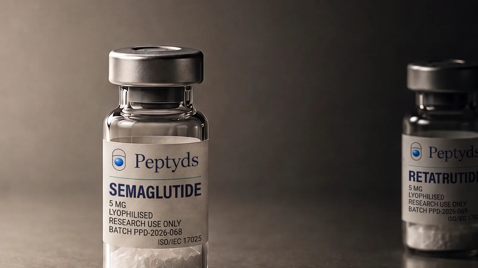 Two lyophilised research peptide vials set apart on a dark laboratory surface, the nearer one fully lit and the further one receding into shadow