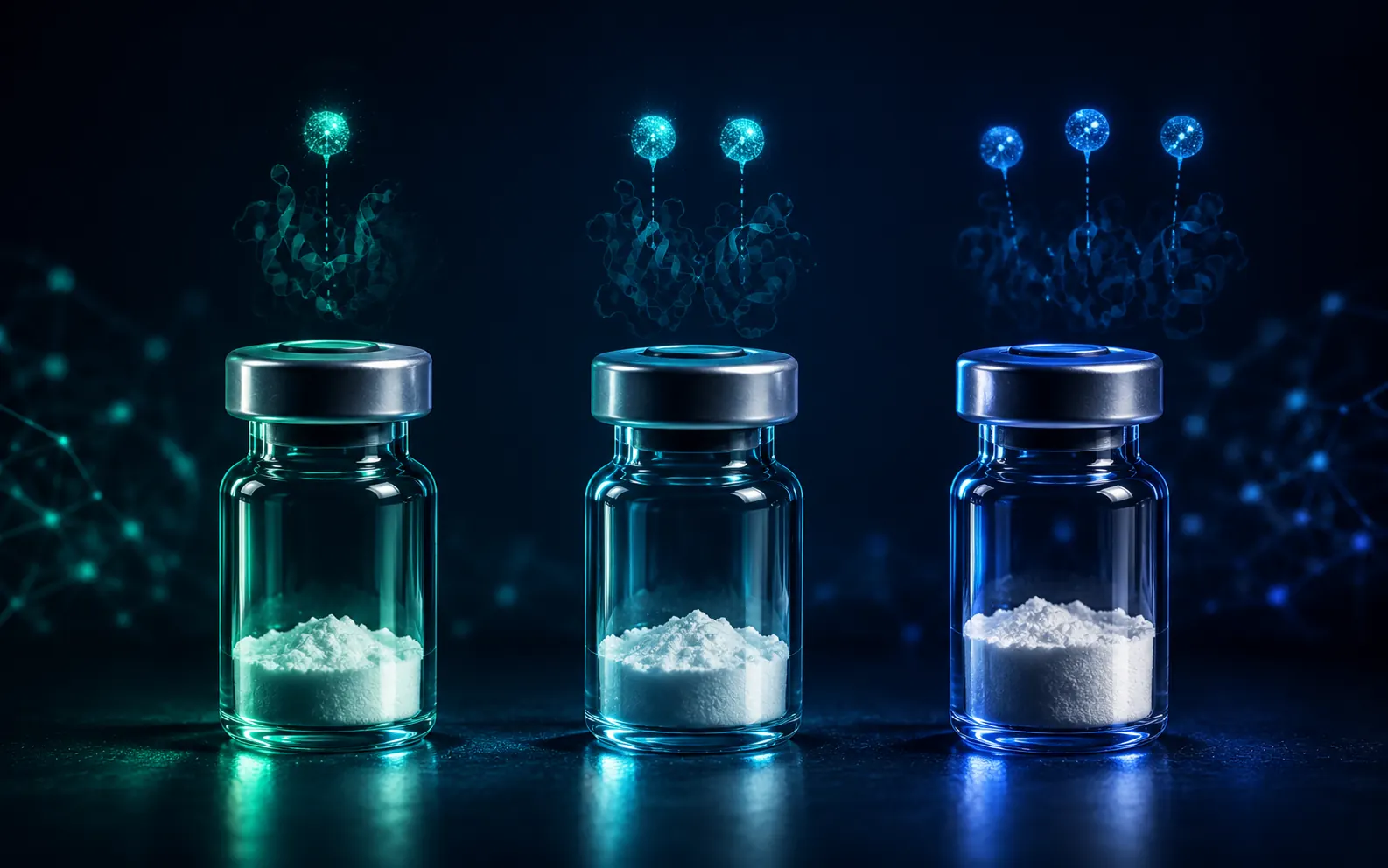 Drie peptideflacons van oplopende hoogte op een donker studio-oppervlak, als beeld voor semaglutide, tirzepatide en retatrutide.
