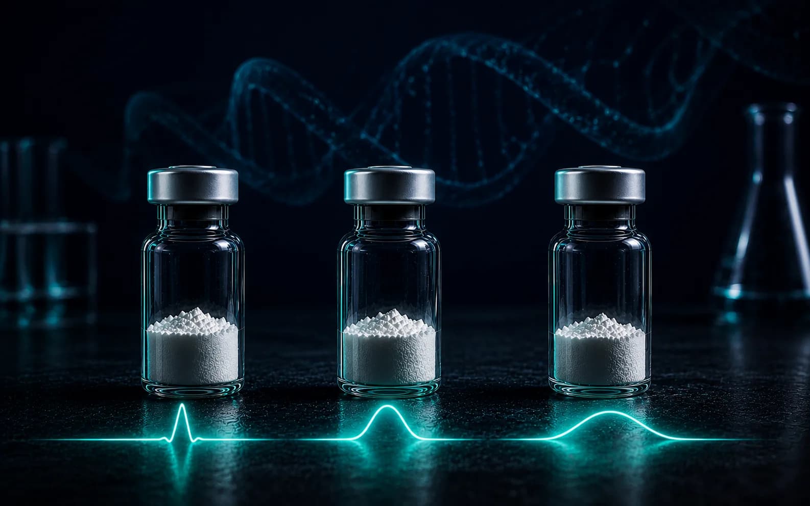 Three unlabeled lyophilised peptide vials lined up at slightly different heights on a navy lab surface, suggesting a research comparison of three GHRH analogues.