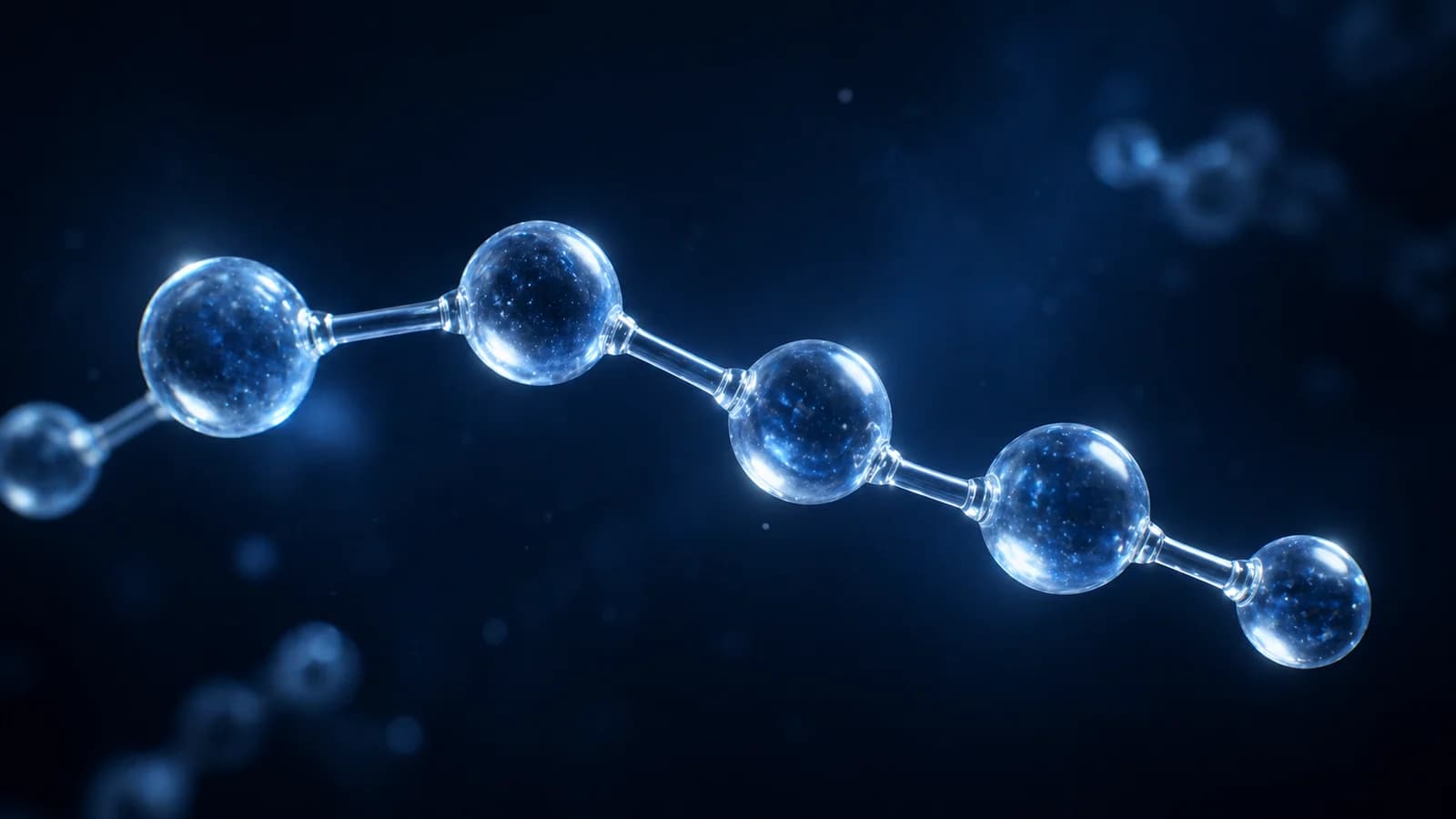 Abstract illustration of a short peptide chain on a navy background.