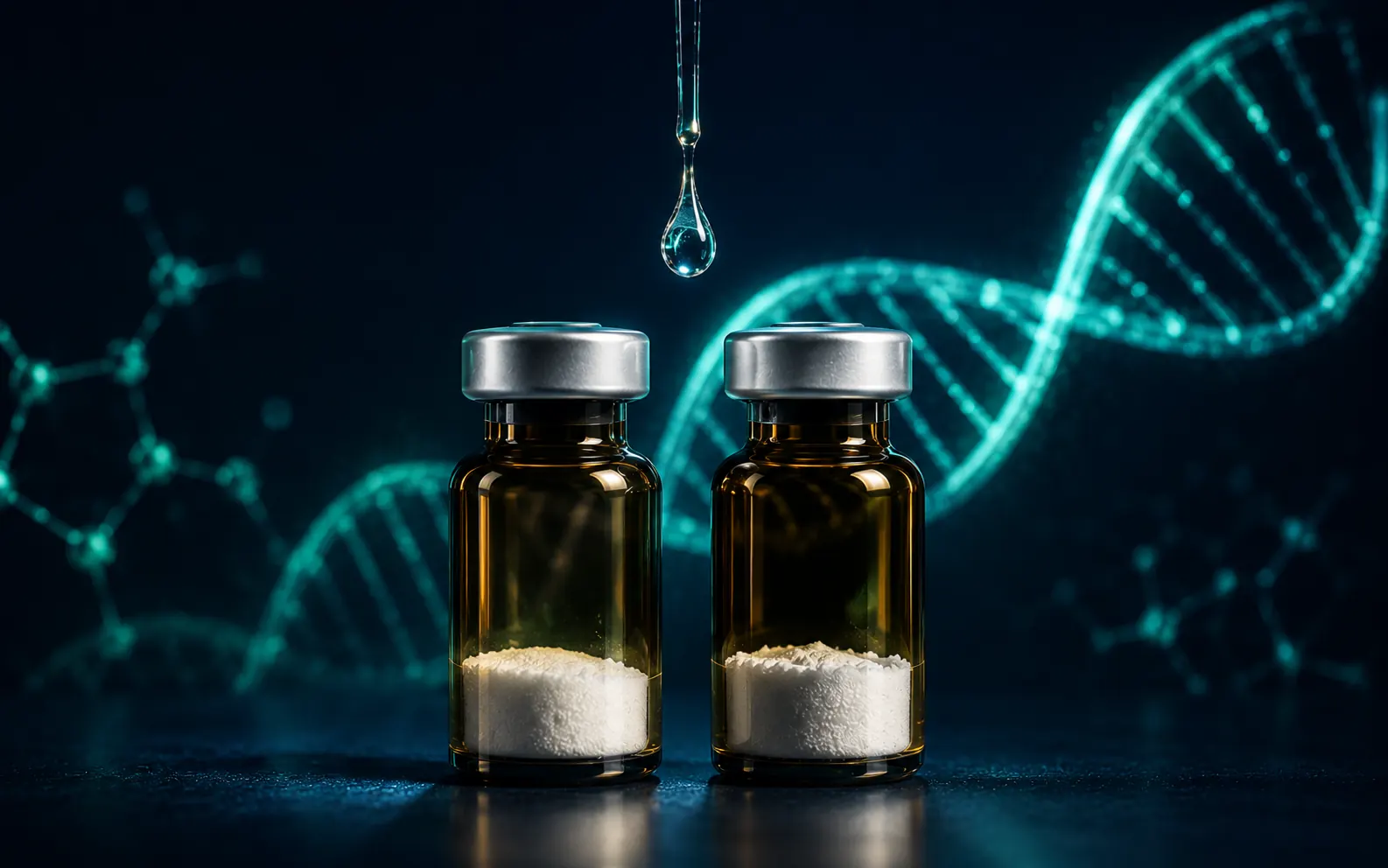 Two glass peptide vials side by side on a dark laboratory surface, representing BPC-157 and TB-500 research.