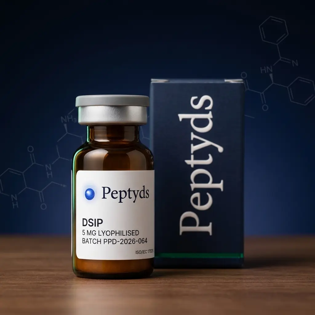 10mg lyophilised vial of DSIP 10mg, ISO/IEC 17025 lab-verified, Peptyds packaging