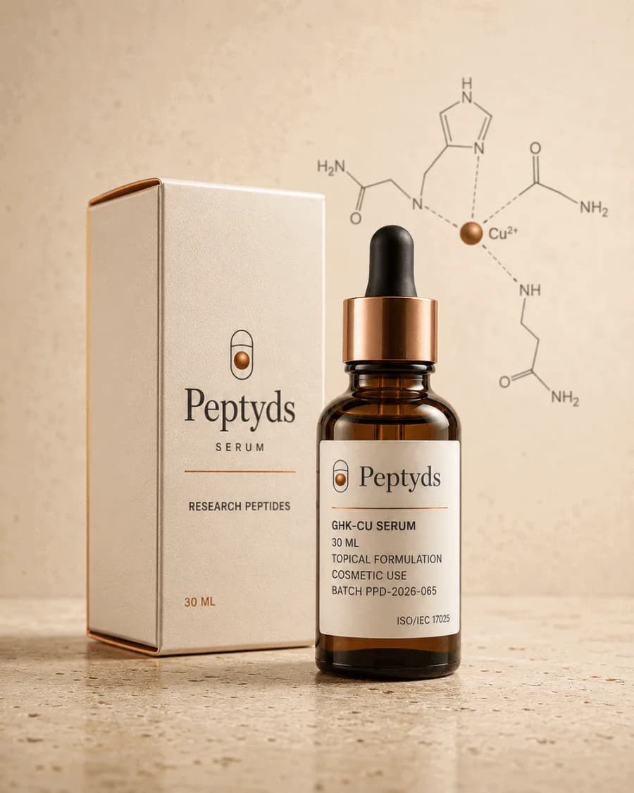 30 mL bottle lyophilised vial of GHK-Cu, ISO/IEC 17025 lab-verified, Peptyds packaging