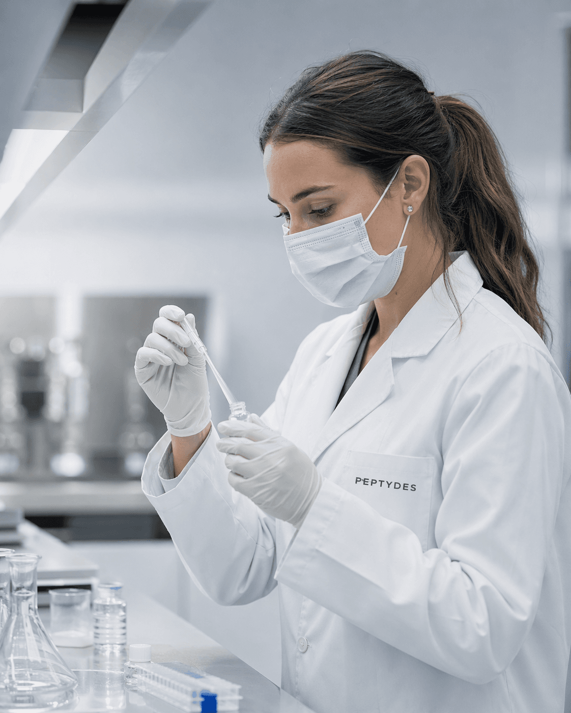 Lab analyst reviewing a printed certificate of analysis at the bench