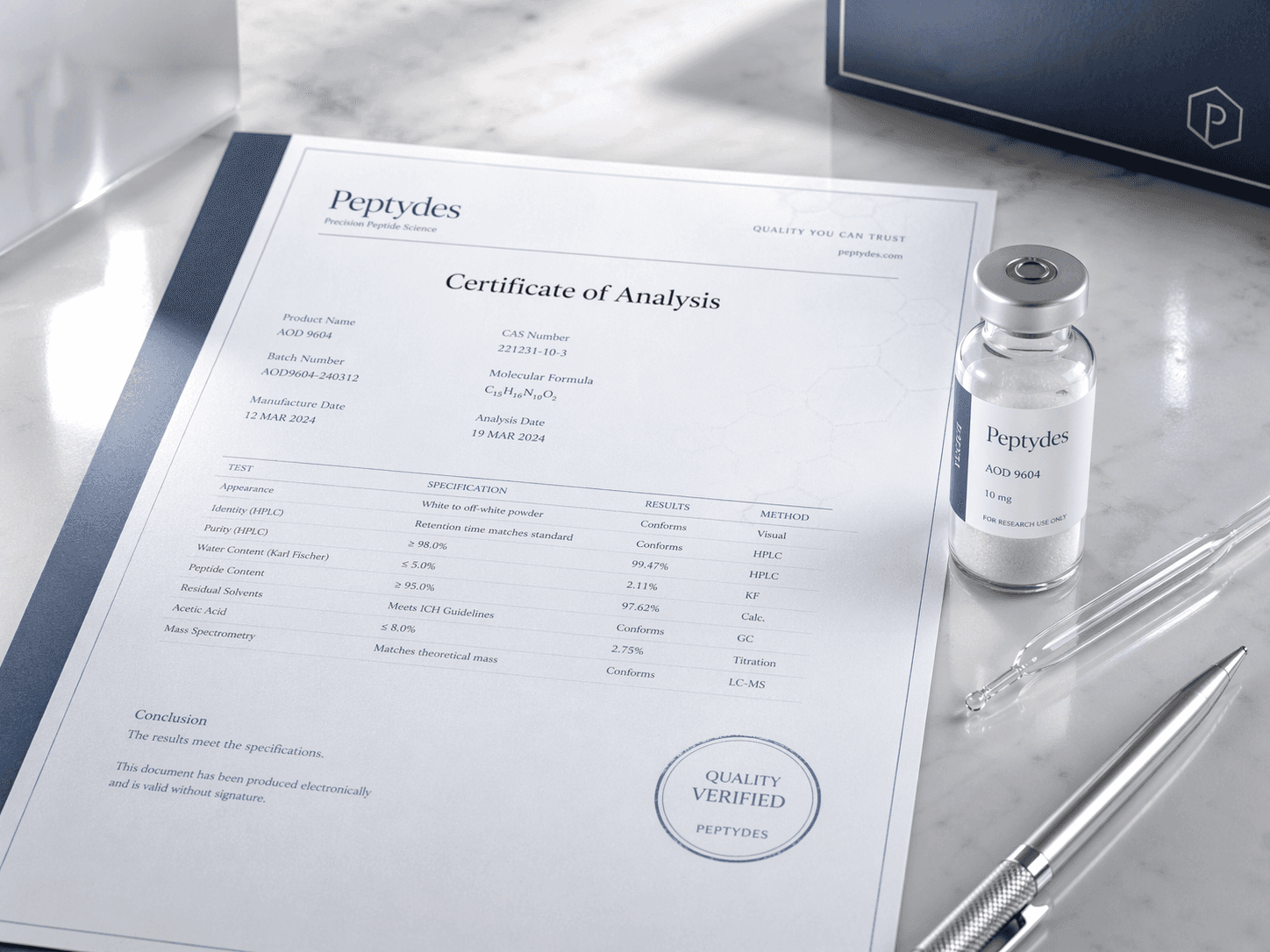 Peptyds certificate of analysis laid out beside a sealed vial
