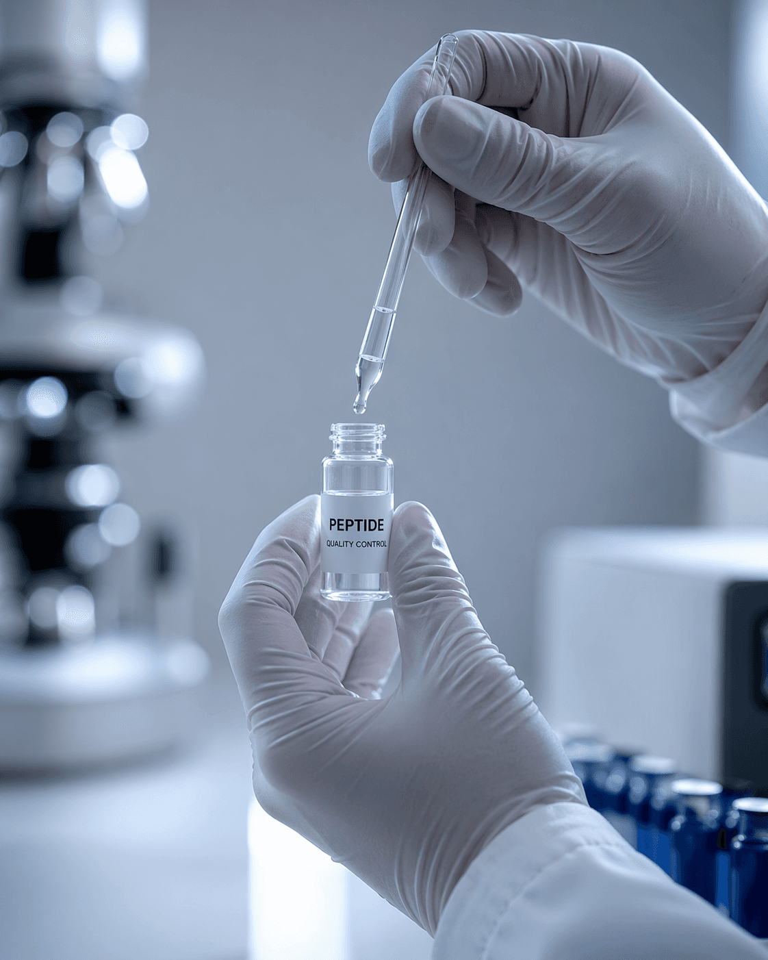 Gloved hands drawing a measured dose with a precision pipette