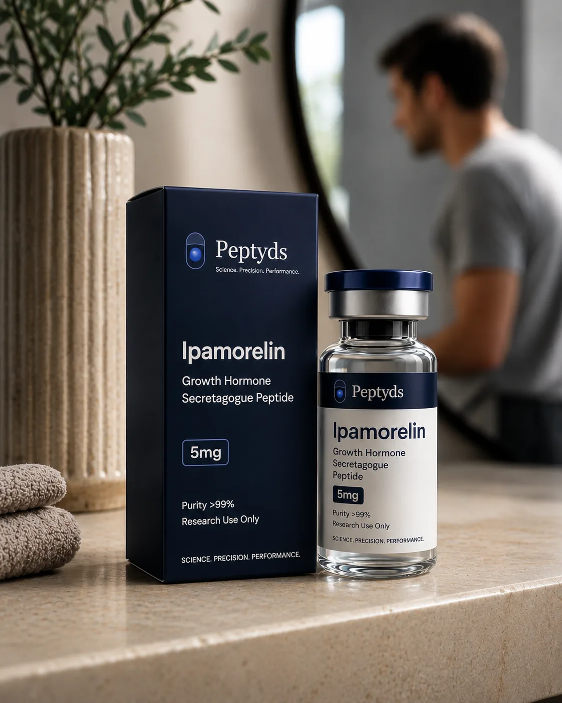 Ipamorelin Peptyds-doos en 5 mg vial op een badkameraanrecht, persoon zachtjes onscherp in de spiegel achter