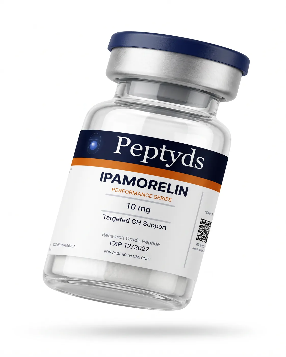 Ipamorelin Peptyds box and 5 mg vial on a bathroom counter, person in soft focus in the mirror behind