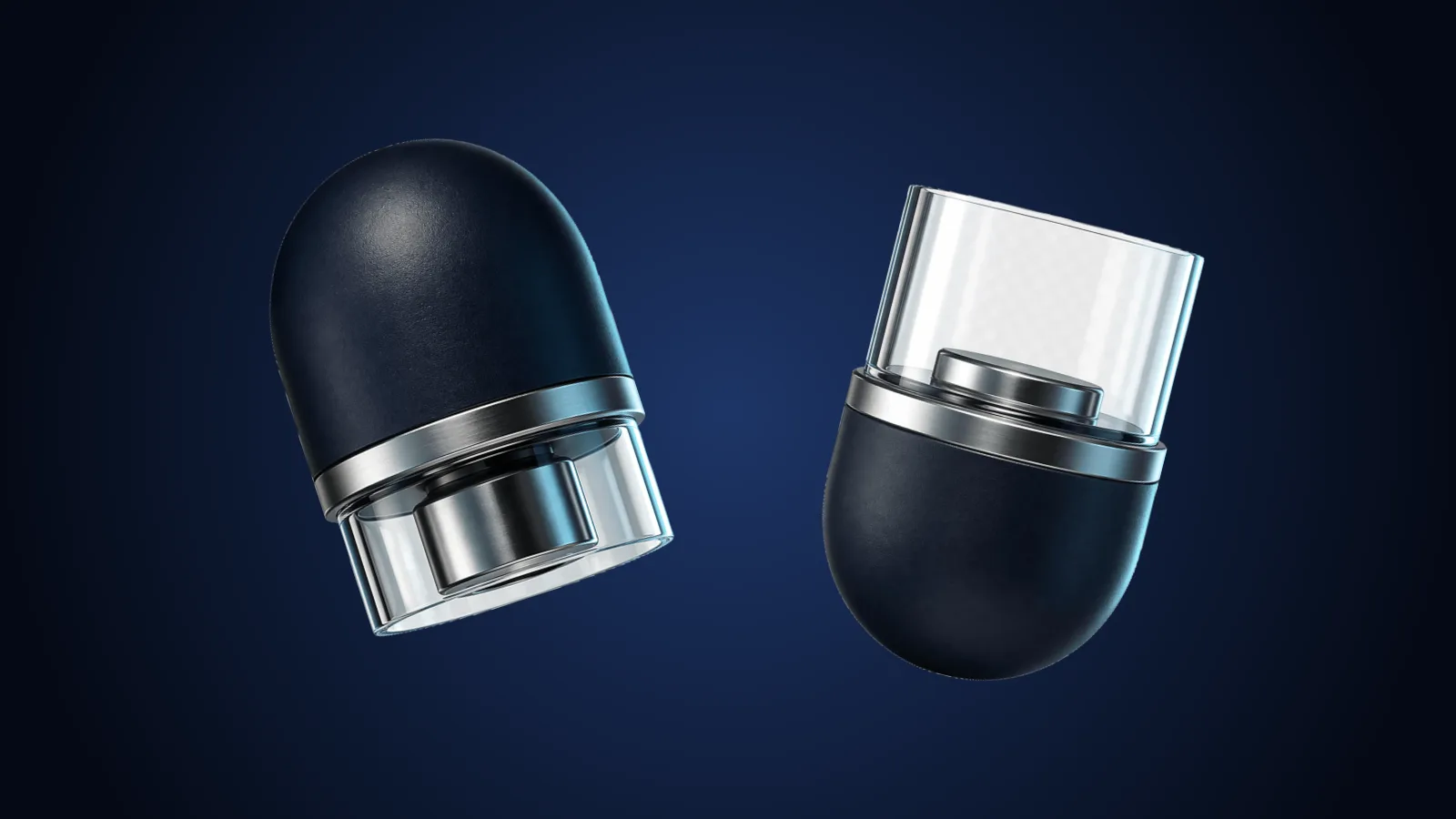 The two halves of an open capsule-shaped container floating against a deep blue background.