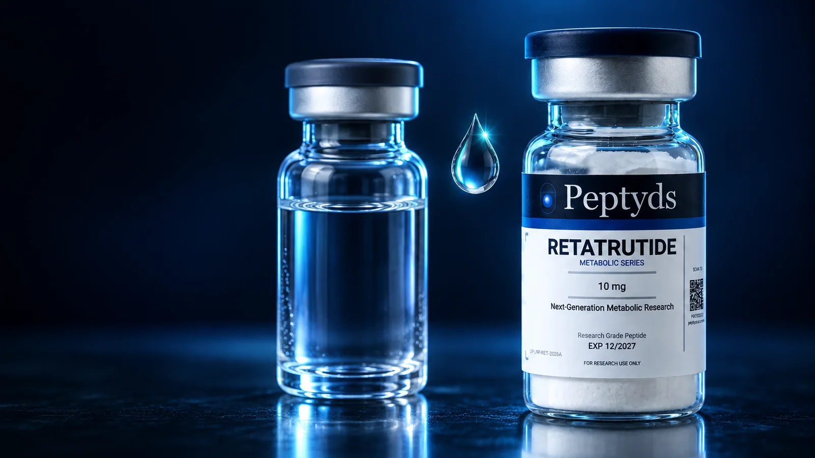 A clear vial of water beside a sealed Peptyds retatrutide research vial on a dark reflective bench, with a single droplet suspended between them in cool blue light.