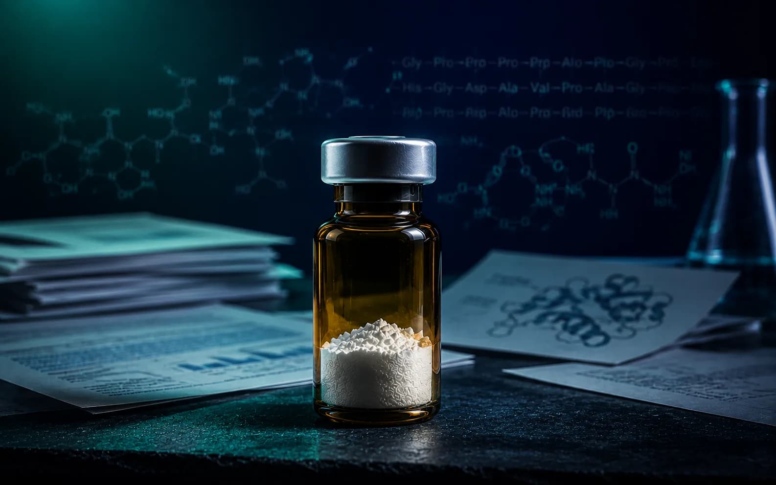 Een enkele ongelabelde gelyofiliseerde peptideflacon centraal op een donkerblauwe labtafel naast een gesloten onderzoeksnotitieboek, als beeld voor een uitgebreide onderzoekscontextgids over BPC-157.