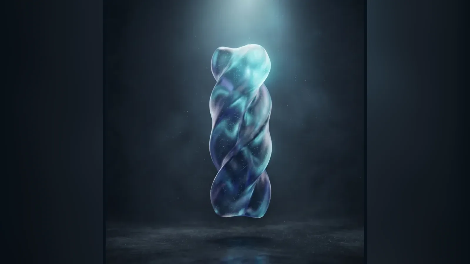 A glowing glass helix lit from above on a dark stage: an abstract image of a peptide chain.