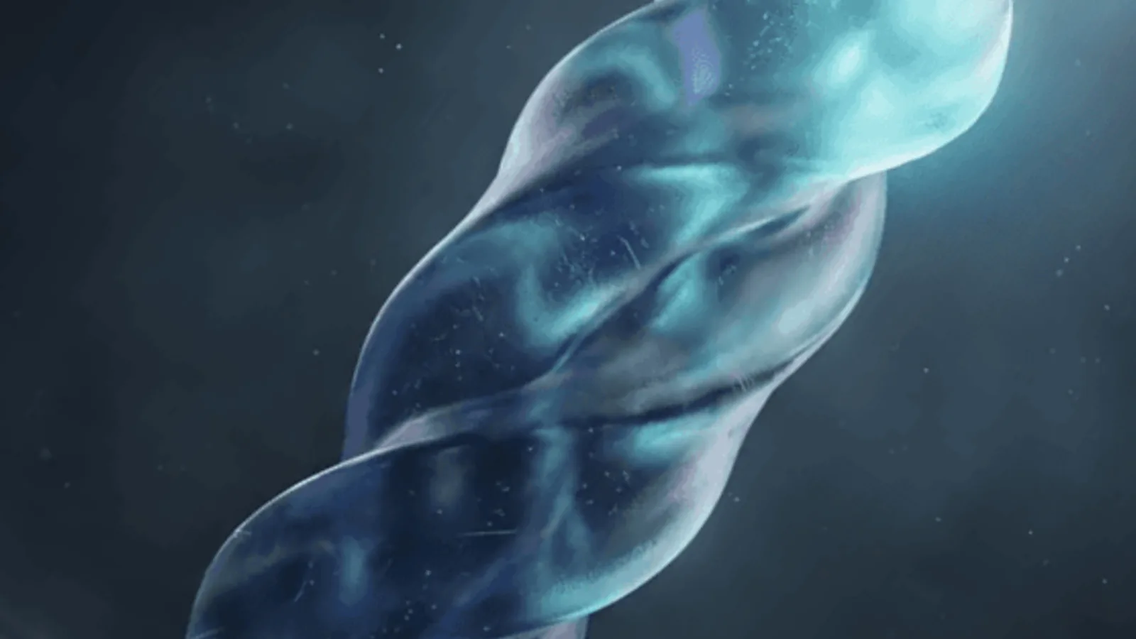 A translucent glass helix rising diagonally across a dark background.