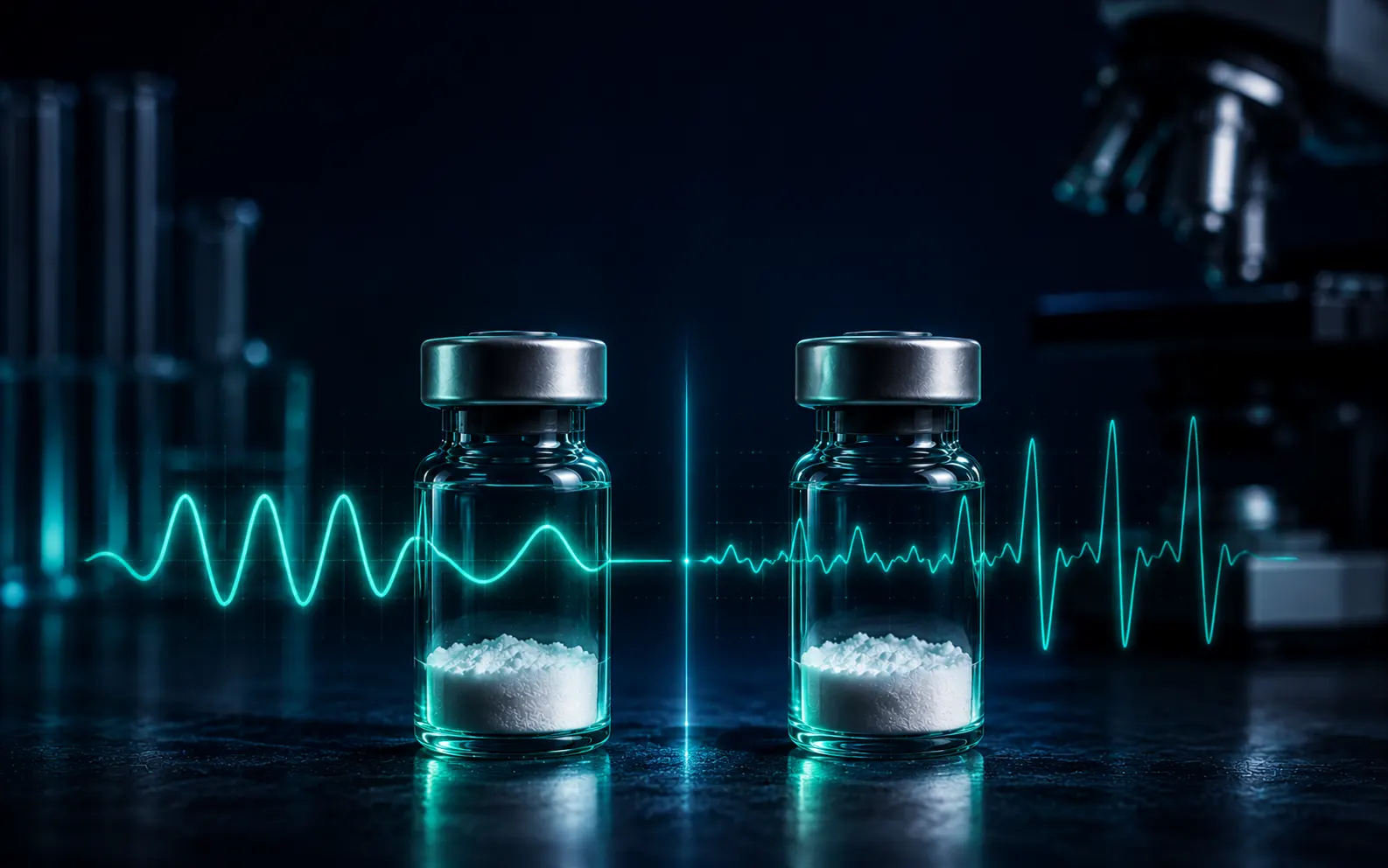 Two unlabeled lyophilised peptide vials at slightly different angles on a navy lab surface, suggesting paired GHRH and GHRP research peptides.
