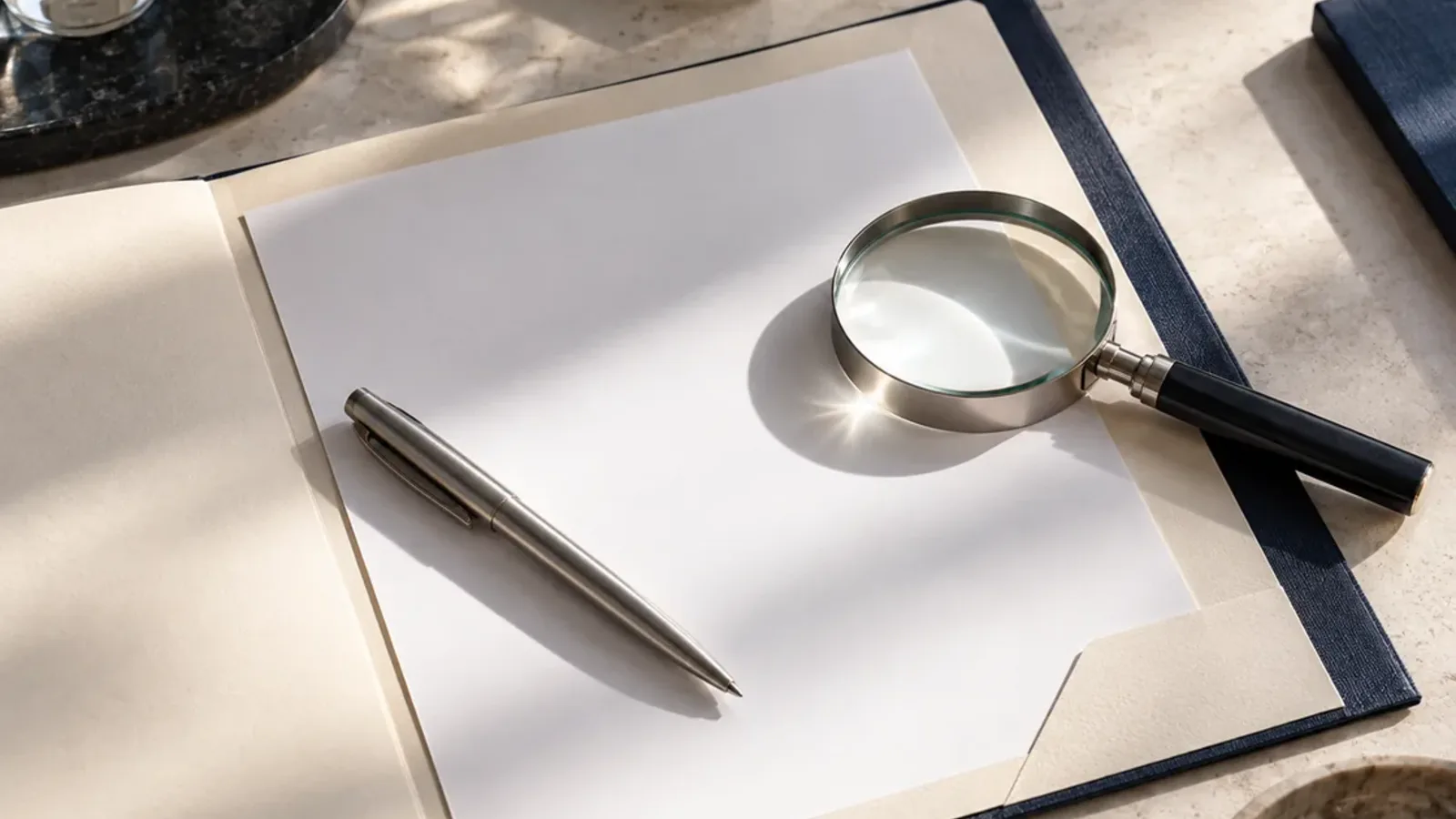 A magnifying glass and a pen resting on a blank sheet in an open document folder.