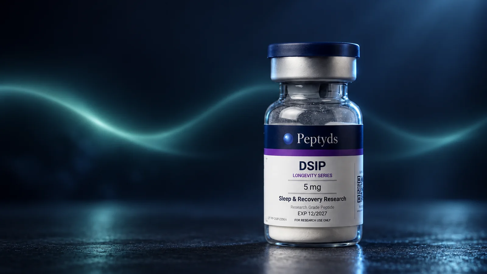 A sealed Peptyds DSIP research vial on a dark reflective surface, with a slow wave of mint light drifting across the deep navy background.