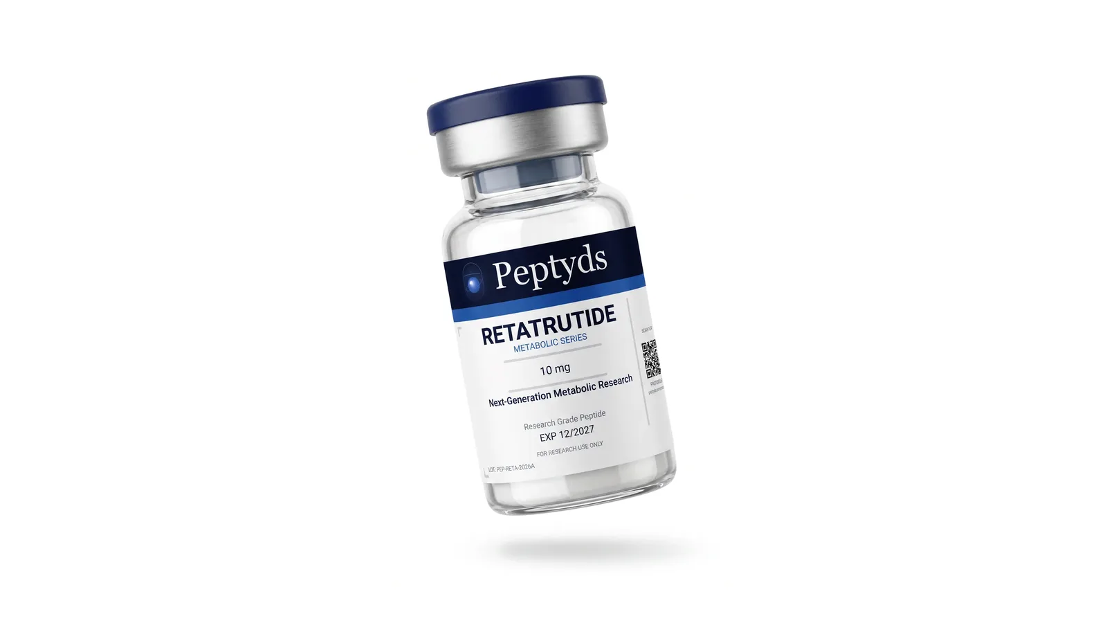 A Peptyds retatrutide research vial photographed on a white background.