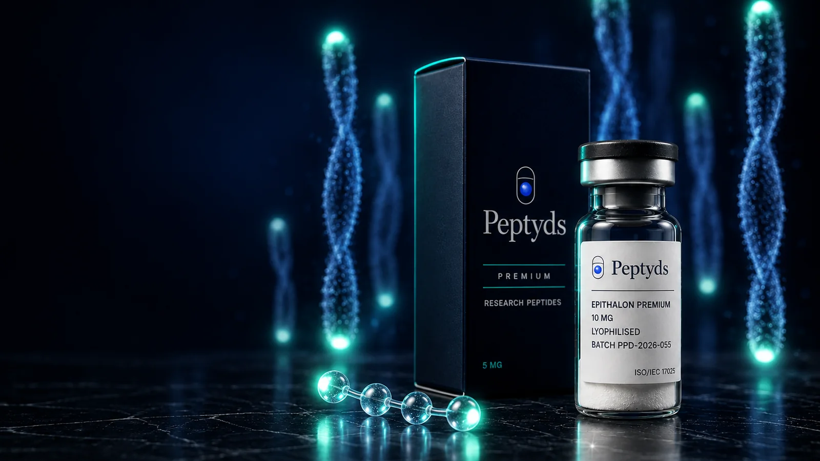 A sealed Peptyds Epithalon Premium research vial and its black carton on dark stone, flanked by glowing blue helices and a short chain of glass beads.