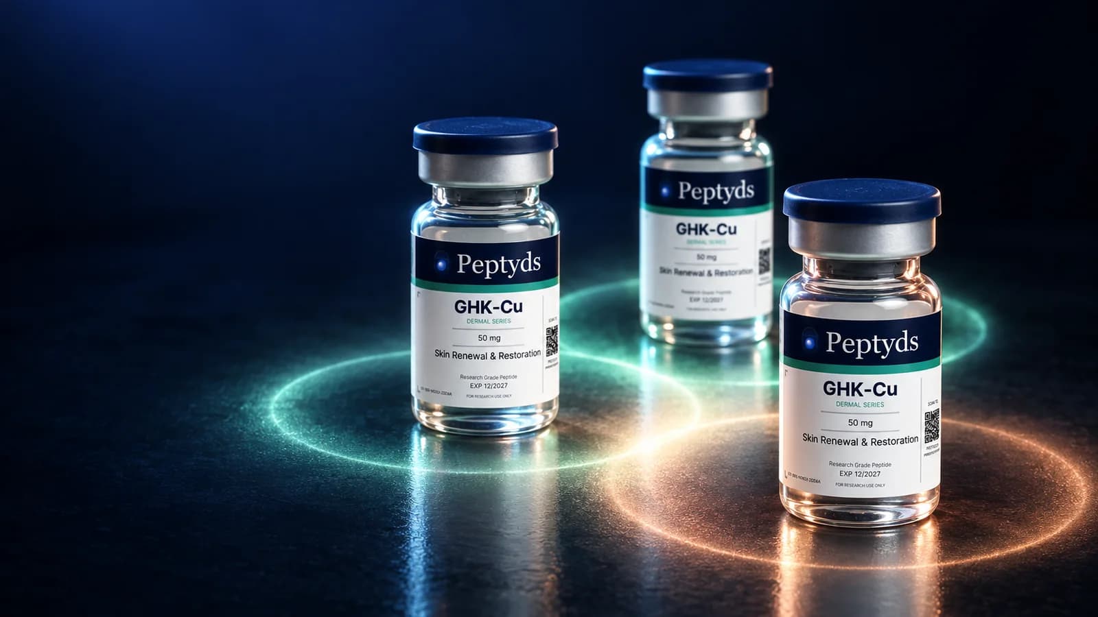 Three sealed Peptyds GHK-Cu research vials standing inside intersecting rings of mint and amber light on a dark surface.